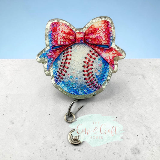 Baseball Bow Badge Reel| Glitter Background Swivel Clip | 34” Nylon Cord Nurse Badge Holder | Cute Healthcare ID Reel
