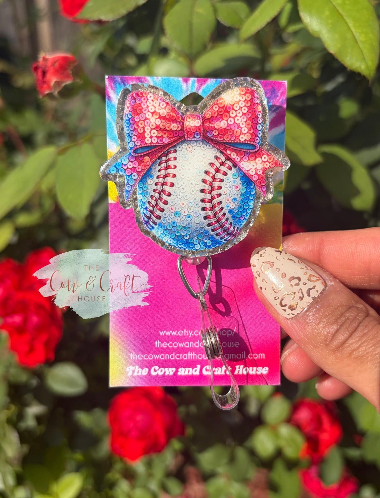 Baseball Bow Badge Reel| Glitter Background Swivel Clip | 34” Nylon Cord Nurse Badge Holder | Cute Healthcare ID Reel
