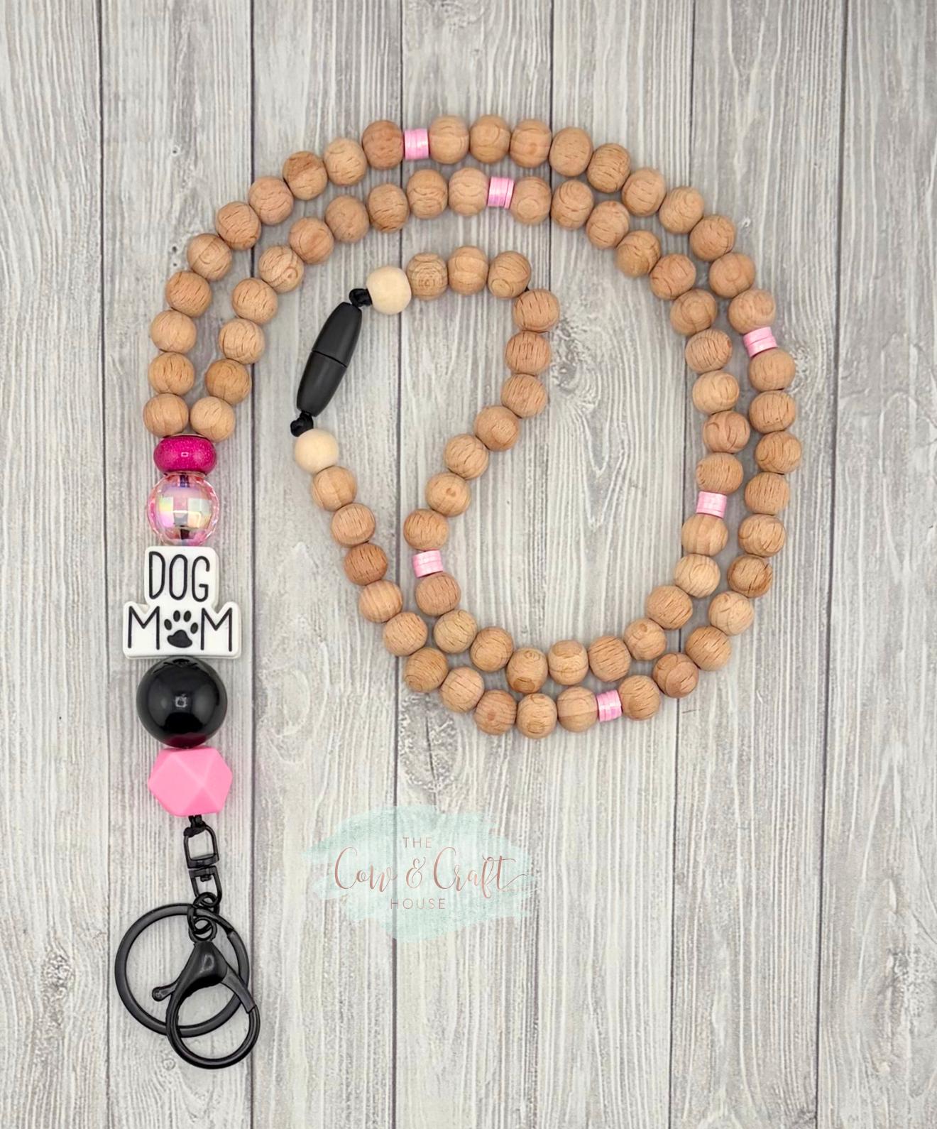 Dog Mom Teacher Lanyard | Breakaway Beaded Lanyard | Black Pink Wood Beads | Classroom ID Holder Gift