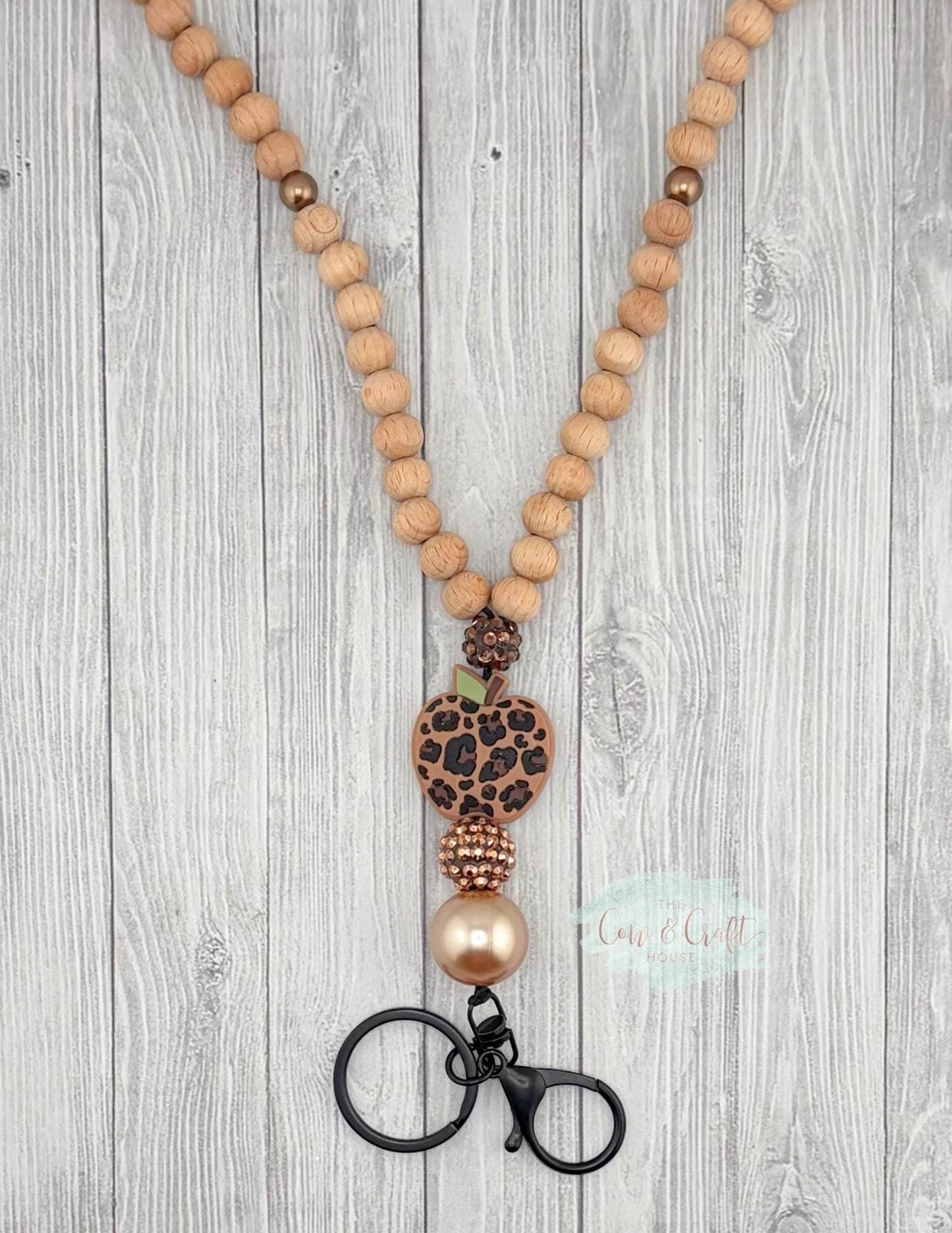 Leopard Heart Teacher Lanyard | Breakaway Wood Bead Lanyard | Cute Teacher Necklace | Classroom ID Holder Gift