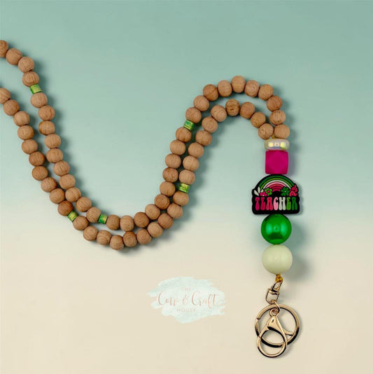 Breakaway Teacher Lanyard | Beaded Teacher Necklace | Green Fuchsia Cream Lanyard | Classroom ID Holder Gift
