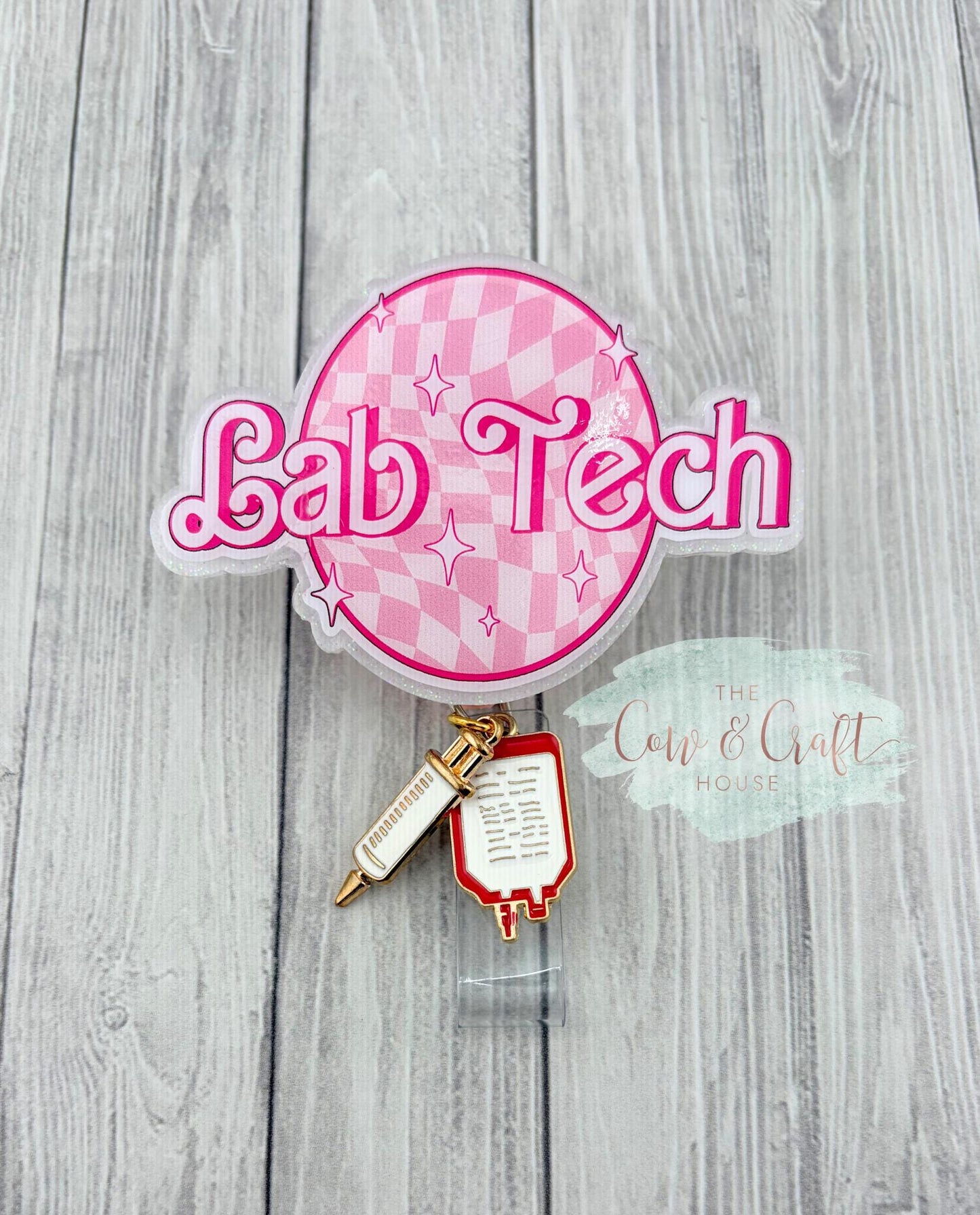 Lab Tech Badge Reel | Pink White Barbie Font | Swivel Clip 34” Nylon Cord | Cute Medical Badge Reel