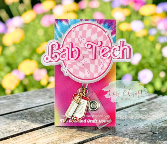 Lab Tech Badge Reel | Pink White Barbie Font | Swivel Clip 34” Nylon Cord | Cute Medical Badge Reel