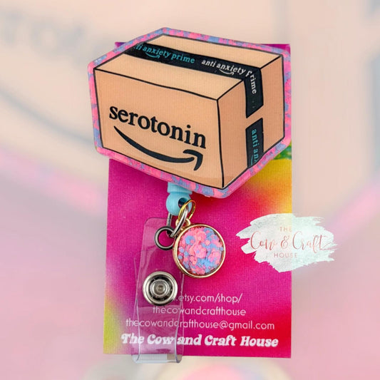 Serotonin” Amazon Box Badge Reel | Nurse Radiology CNA Badge Reel | Swivel Clip 34” Nylon Cord | Funny Medical Gift