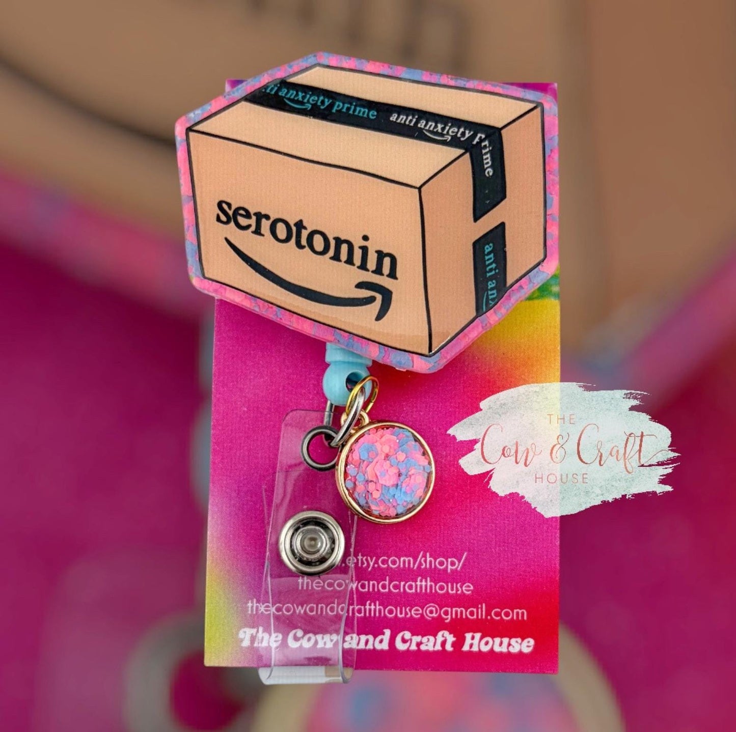 Serotonin” Amazon Box Badge Reel | Nurse Radiology CNA Badge Reel | Swivel Clip 34” Nylon Cord | Funny Medical Gift
