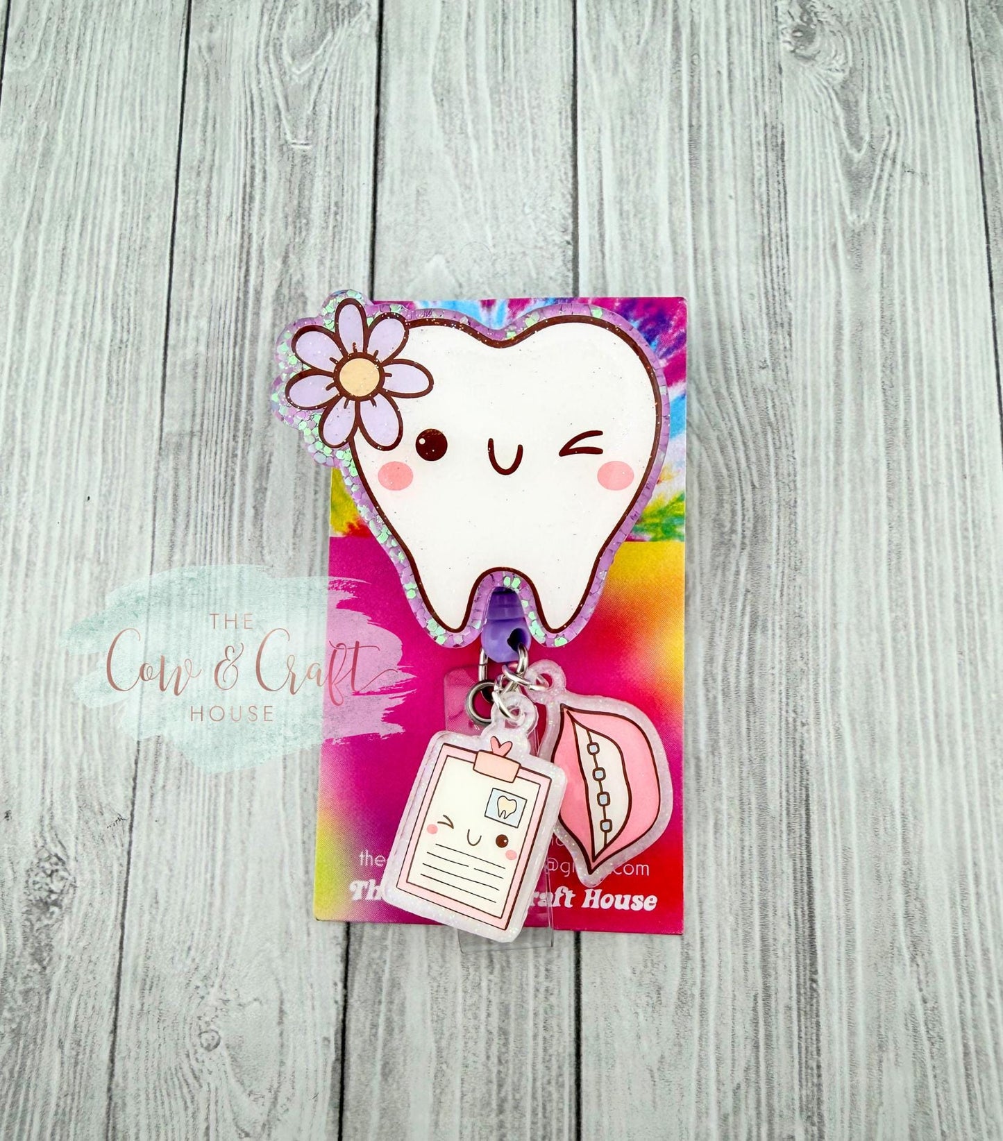 Dental Badge Reel Tooth w/ Flower, Purple Glitter Badge Reel, Dental Assistant Hygienist Dentist Gift, 34” Nylon Cord Swivel Clip w/ Charms