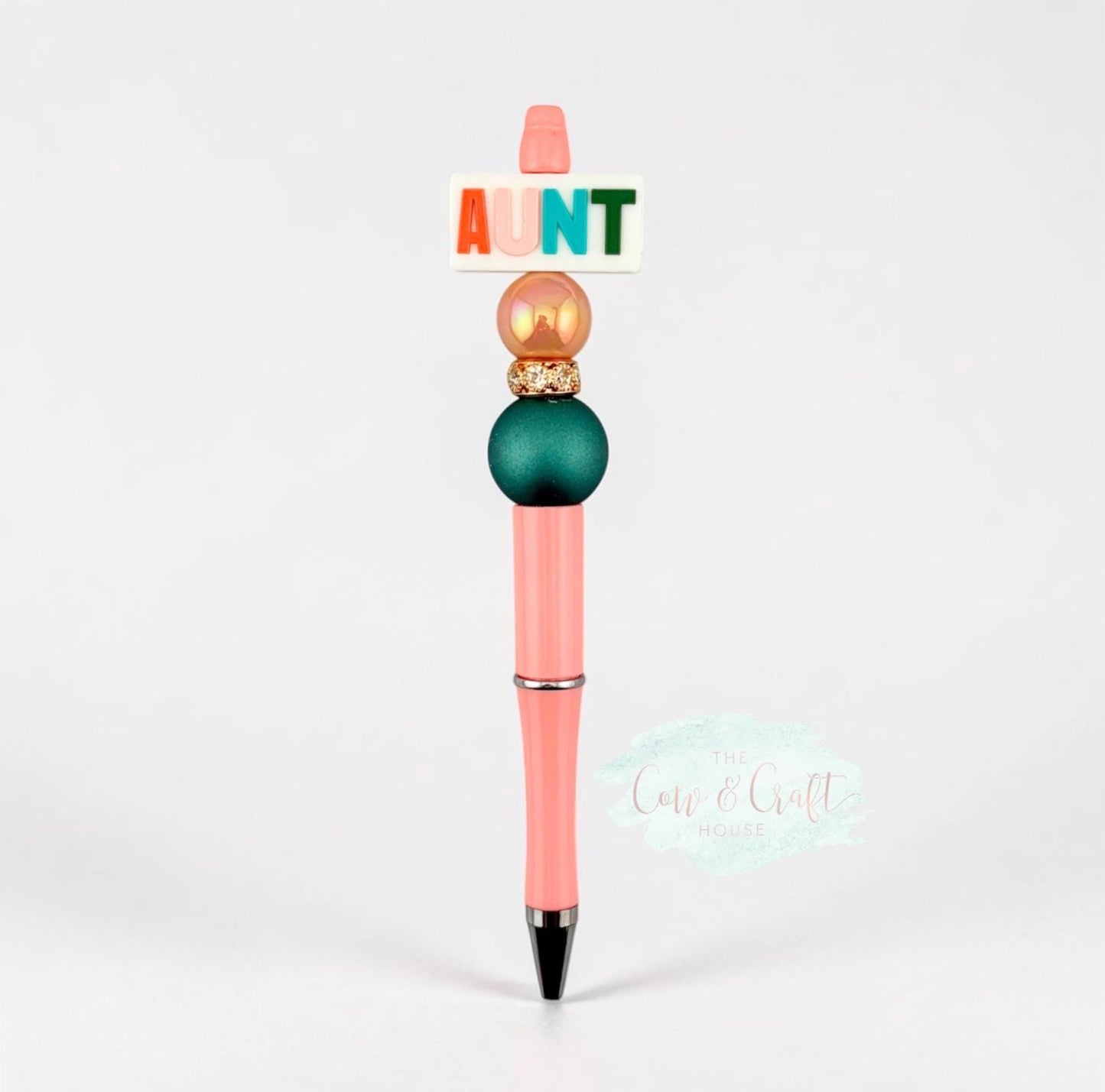 Peach Aunt Beaded Pen | Twist Black Ink Pen | Peach & Turquoise Pen | Cute Aunt Gift | AUNT Focal Pen