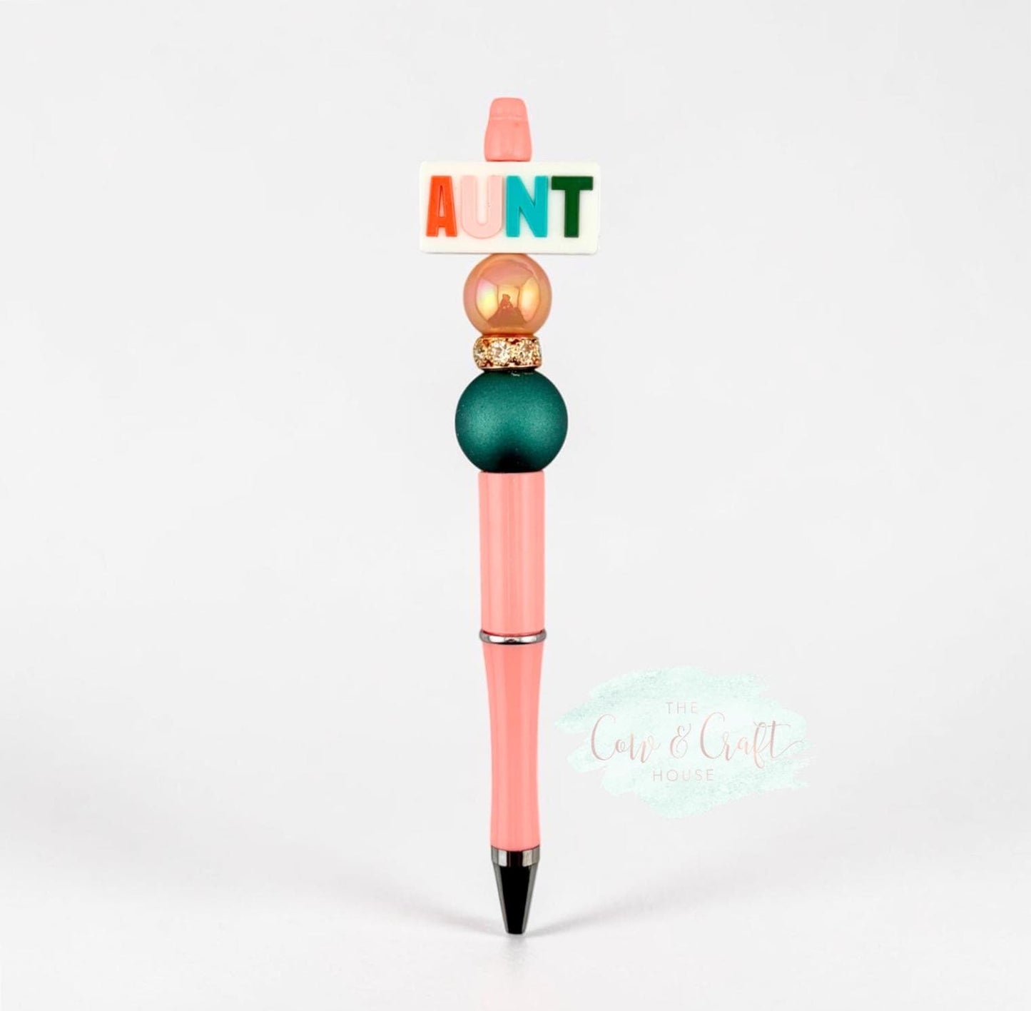 Peach Aunt Beaded Pen | Twist Black Ink Pen | Peach & Turquoise Pen | Cute Aunt Gift | AUNT Focal Pen