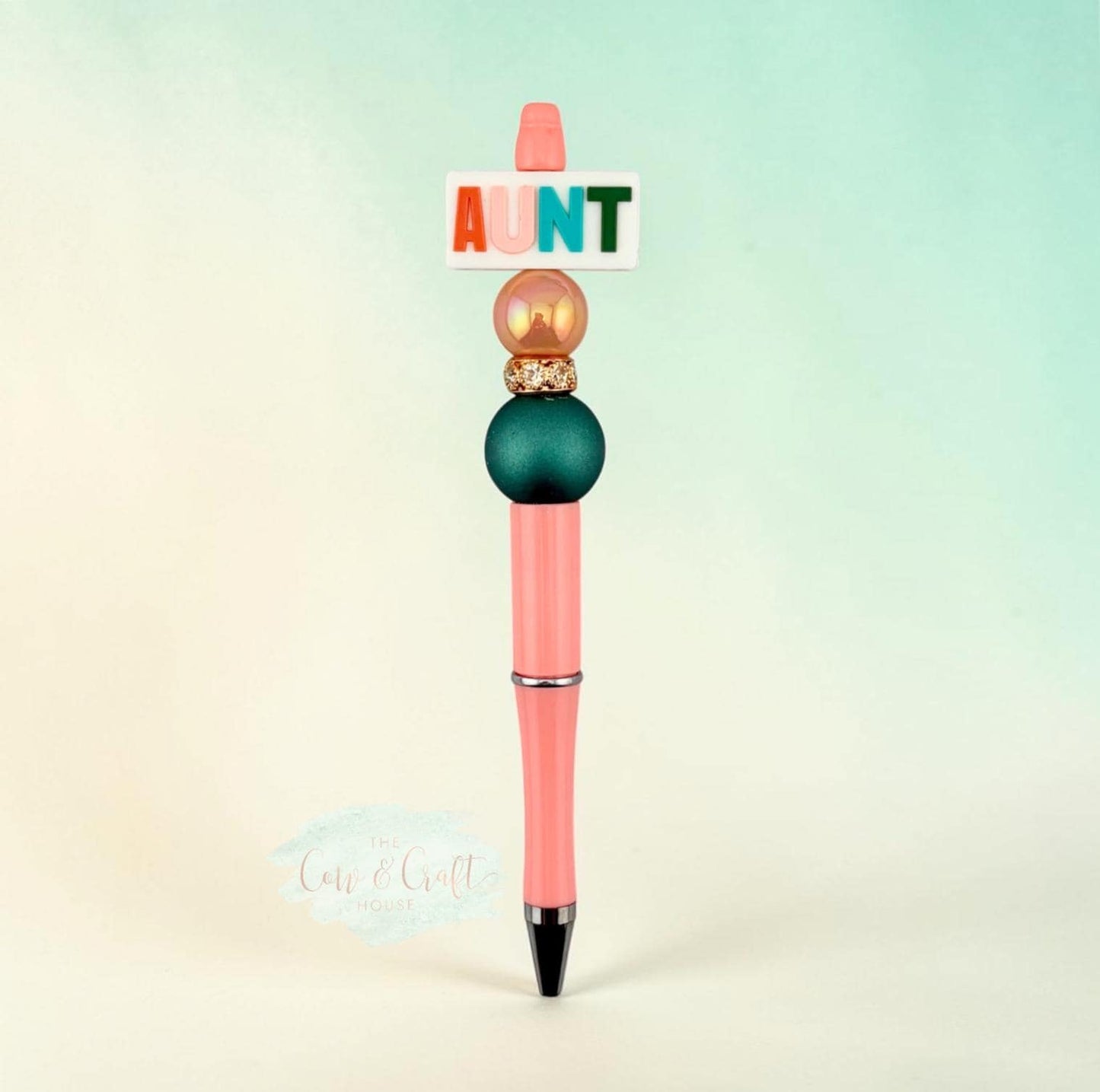 Peach Aunt Beaded Pen | Twist Black Ink Pen | Peach & Turquoise Pen | Cute Aunt Gift | AUNT Focal Pen