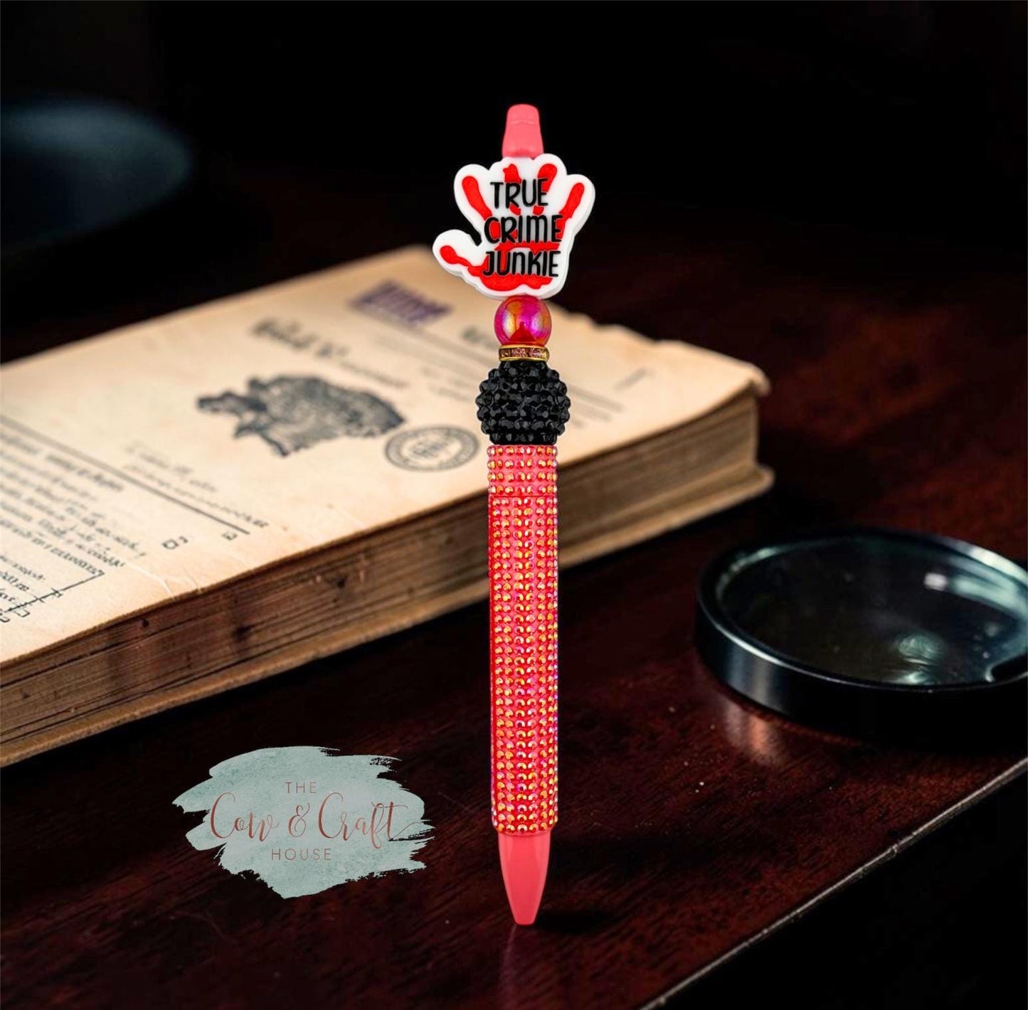 Red Sparkly Beaded Pen | Crime Scene Hand Pen | Twist Black Ink Pen | True Crime Gift | Cute Creepy Pen