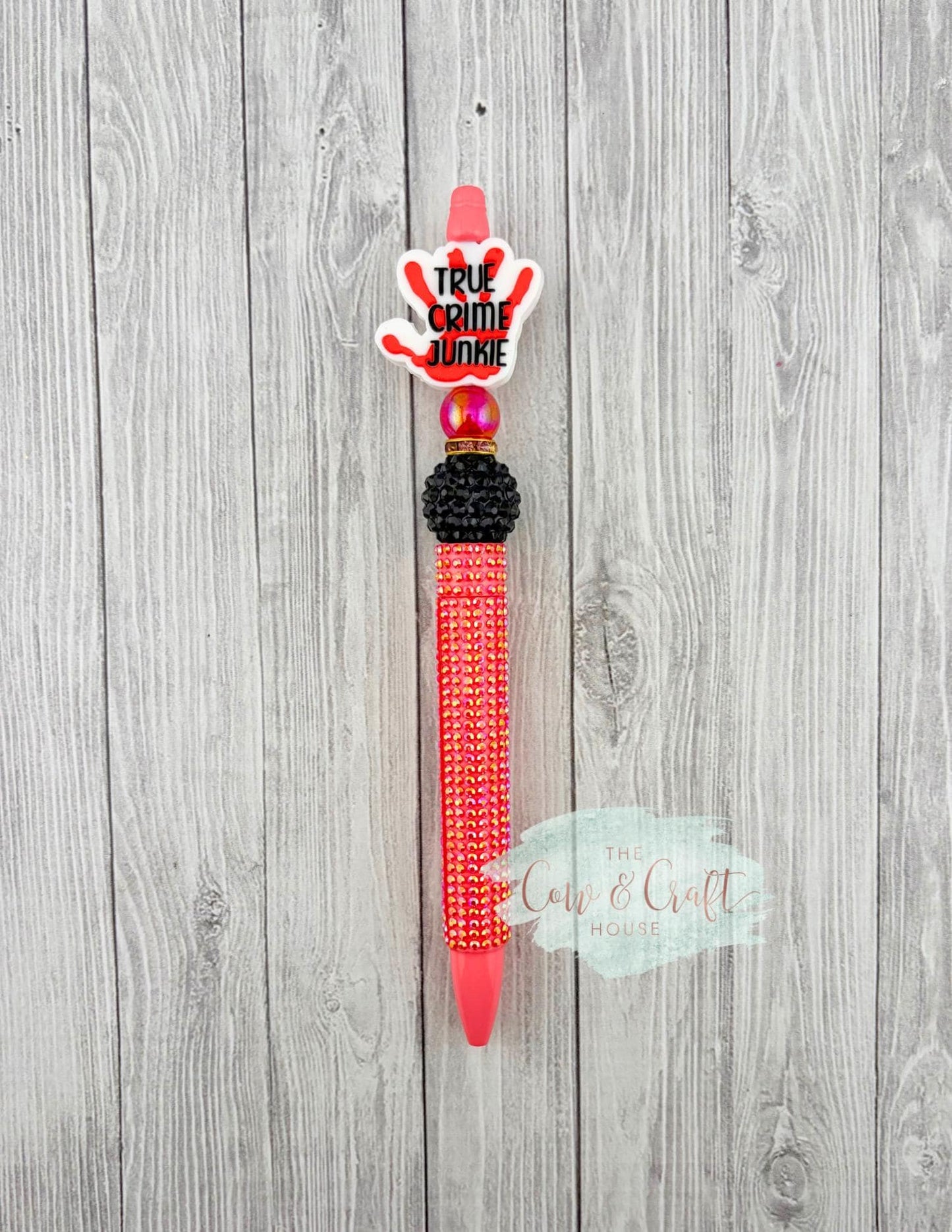 Red Sparkly Beaded Pen | Crime Scene Hand Pen | Twist Black Ink Pen | True Crime Gift | Cute Creepy Pen