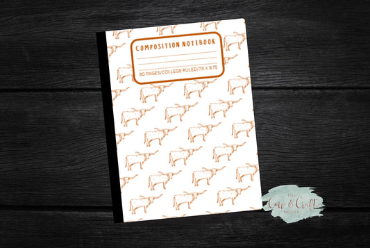 White Holographic Longhorns Notebook | Composition Notebook | College or Wide Ruled | Burnt Orange Longhorn Design