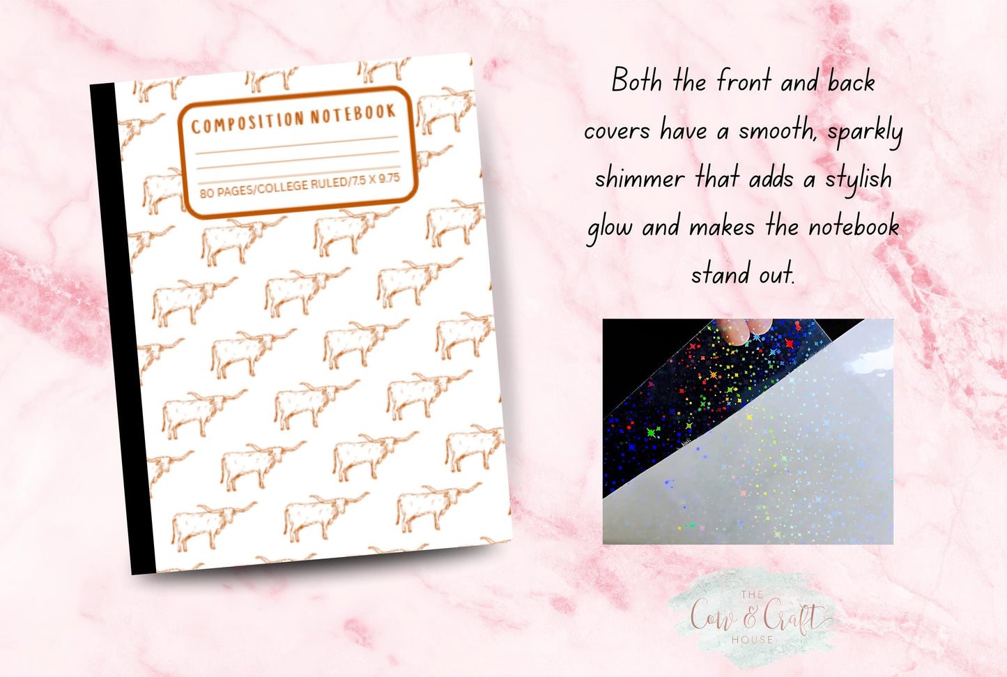 White Holographic Longhorns Notebook | Composition Notebook | College or Wide Ruled | Burnt Orange Longhorn Design