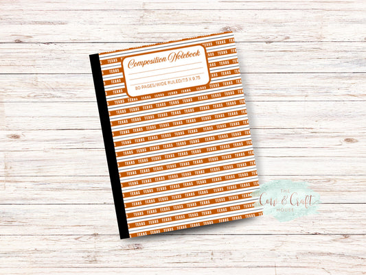 Holographic Texas Notebook | Composition Notebook | College or Wide Ruled | Burnt Orange Stripe “TEXAS” Design