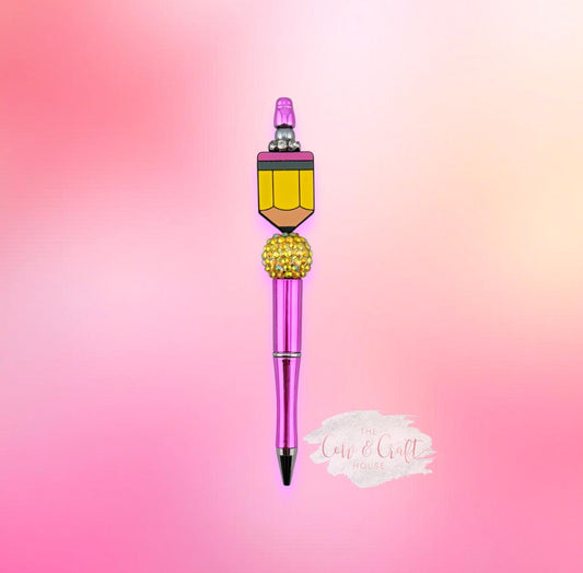 Hot Pink Holographic Teacher Pen | Beaded Twist Pen Black Ink | Cute Yellow Teacher Focal | Gift for Teacher