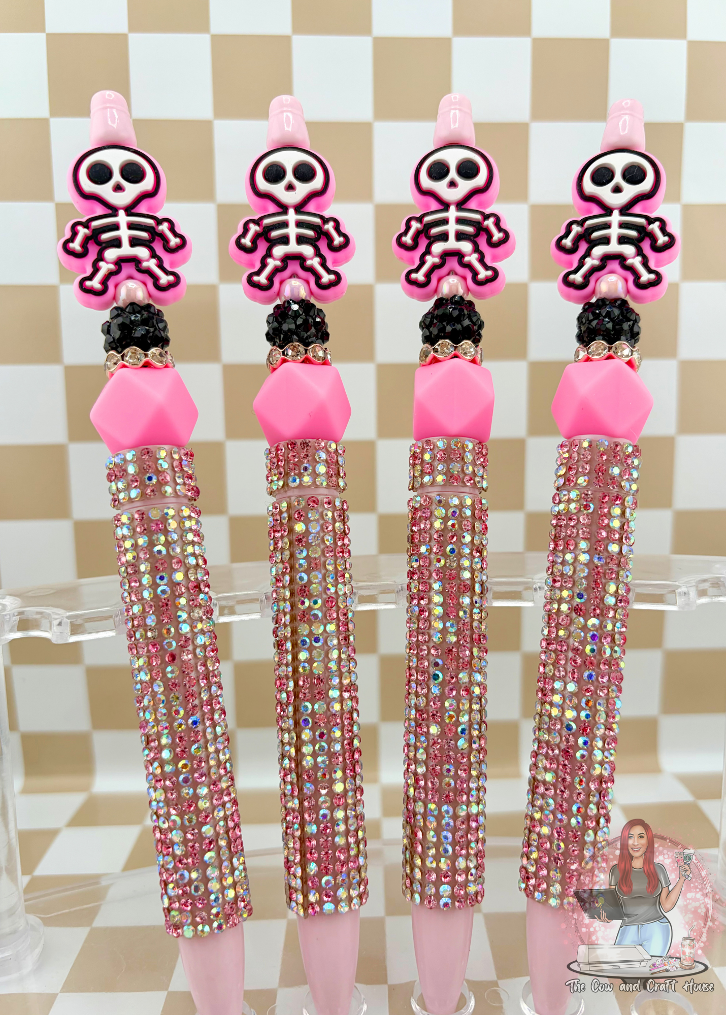 Pink Skeleton Beaded Pen – Black Ink Twist Pen