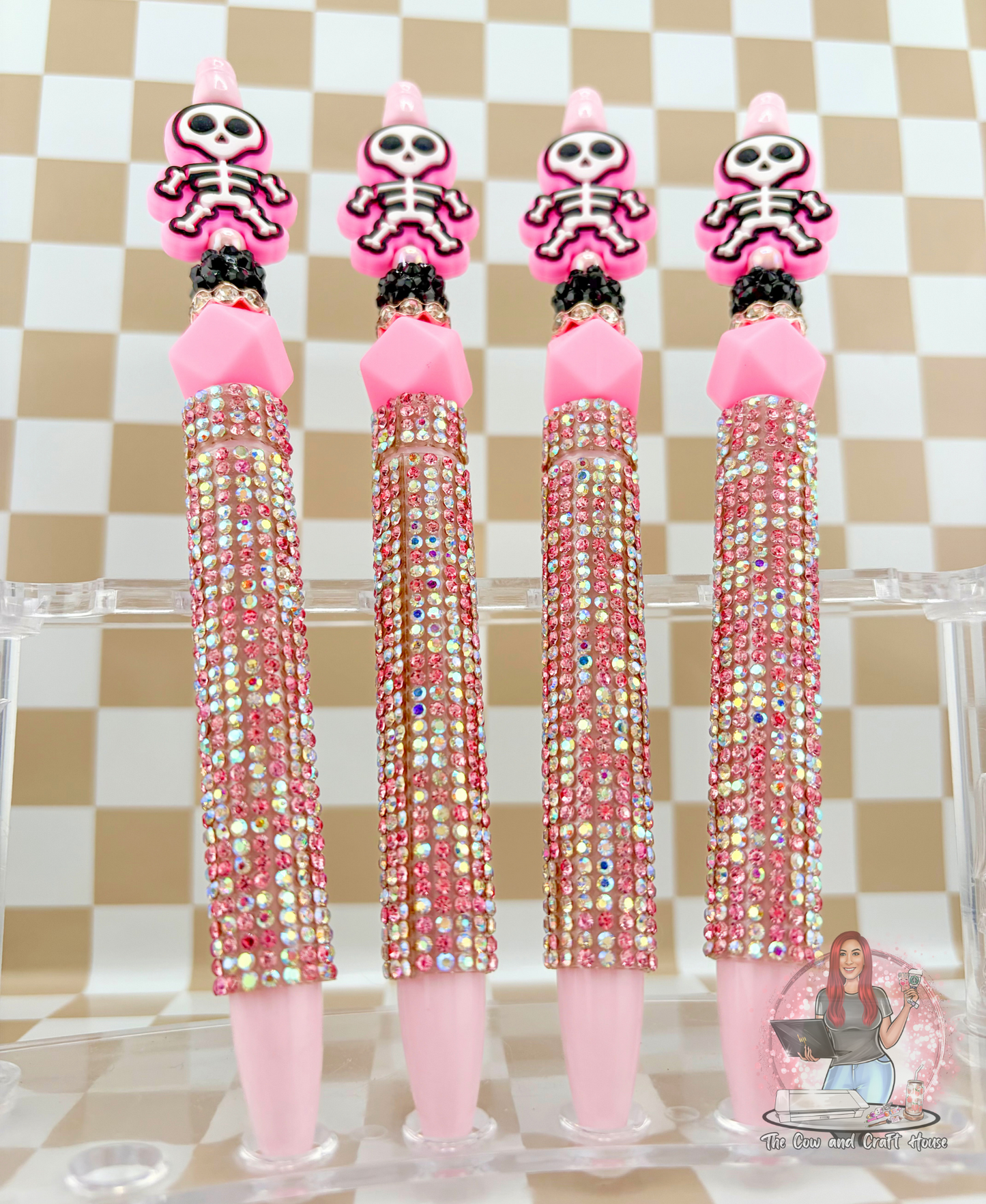 Pink Skeleton Beaded Pen – Black Ink Twist Pen