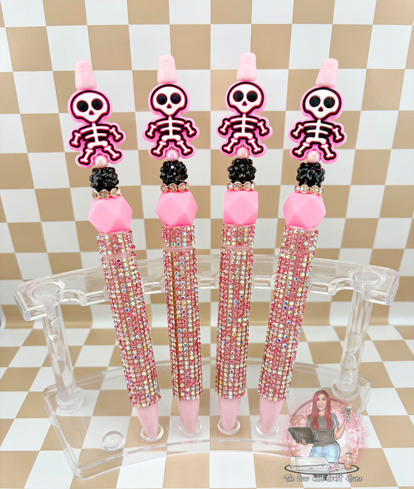 Pink Skeleton Beaded Pen – Black Ink Twist Pen