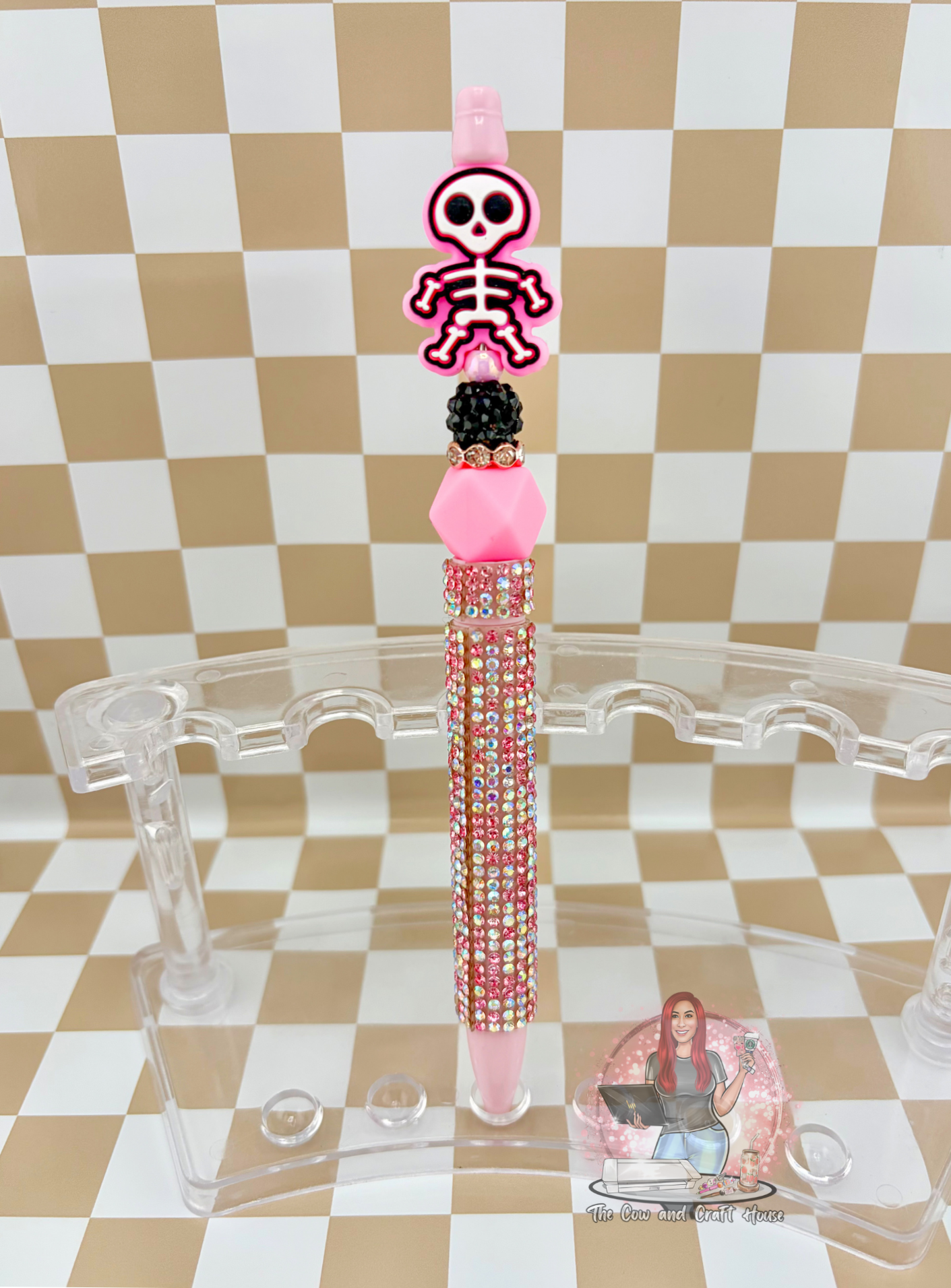 Pink Skeleton Beaded Pen – Black Ink Twist Pen