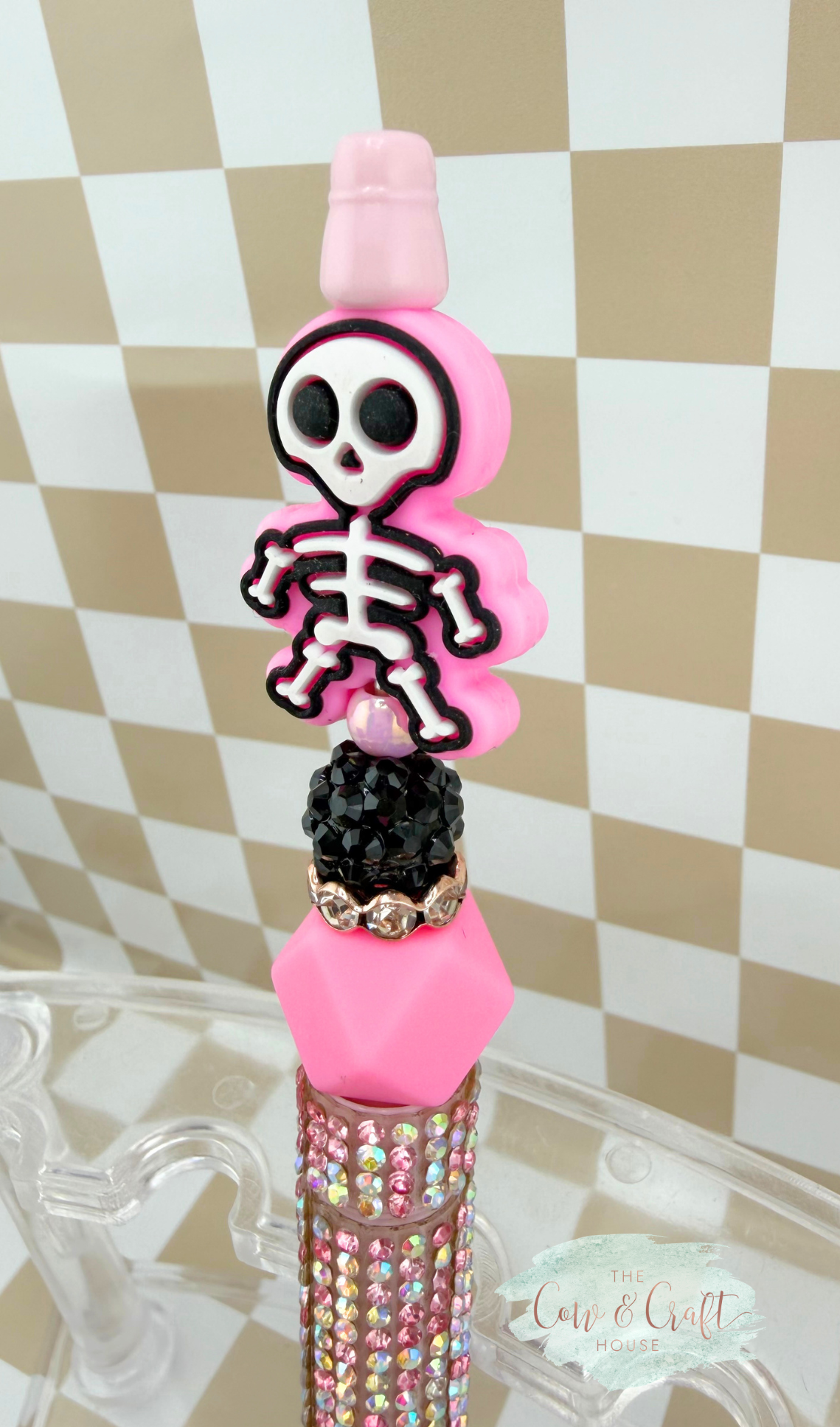 Pink Skeleton Beaded Pen – Black Ink Twist Pen