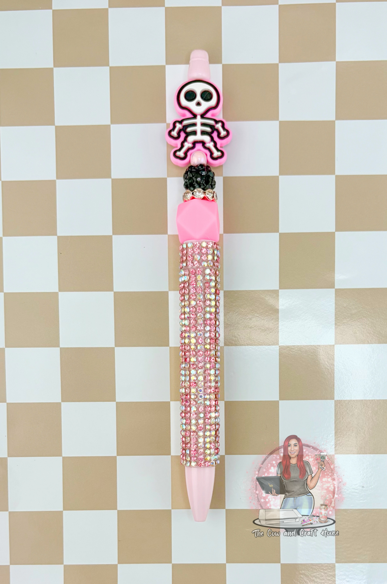 Pink Skeleton Beaded Pen – Black Ink Twist Pen