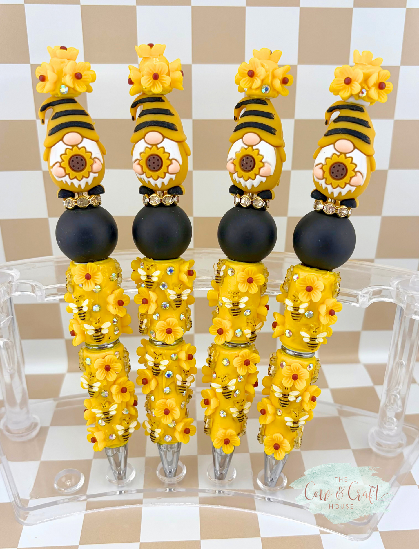 Sunflower Gnome Beaded Pen 🌻🐝 Cute Bee Flower Black Ink Pen for Teacher Nurse Planner Gift Handmade Yellow Focal Bead Pen