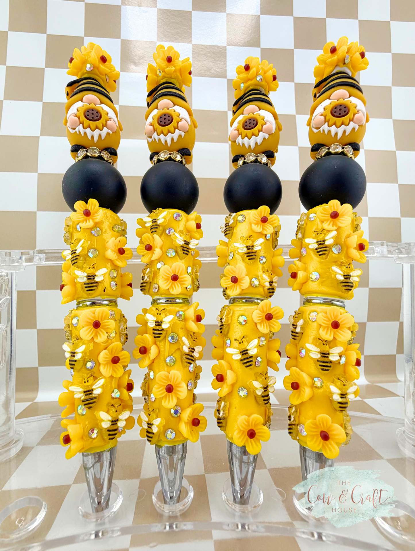 Sunflower Gnome Beaded Pen 🌻🐝 Cute Bee Flower Black Ink Pen for Teacher Nurse Planner Gift Handmade Yellow Focal Bead Pen