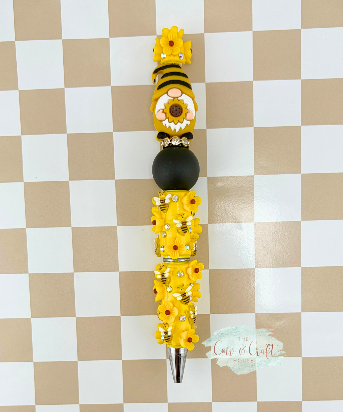 Sunflower Gnome Beaded Pen 🌻🐝 Cute Bee Flower Black Ink Pen for Teacher Nurse Planner Gift Handmade Yellow Focal Bead Pen