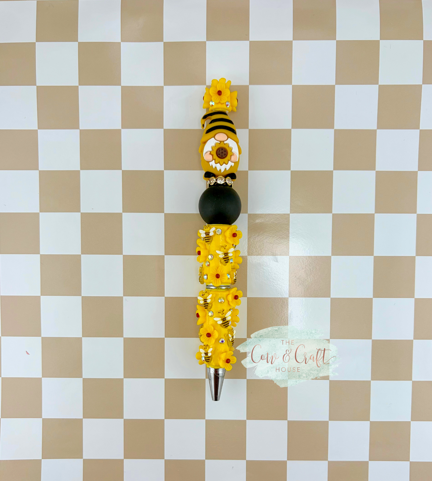 Sunflower Gnome Beaded Pen 🌻🐝 Cute Bee Flower Black Ink Pen for Teacher Nurse Planner Gift Handmade Yellow Focal Bead Pen