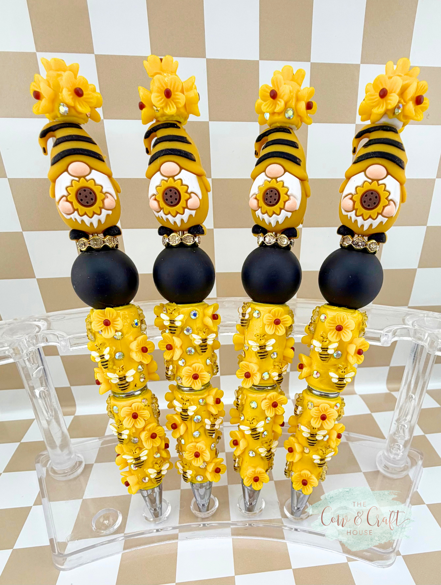Sunflower Gnome Beaded Pen 🌻🐝 Cute Bee Flower Black Ink Pen for Teacher Nurse Planner Gift Handmade Yellow Focal Bead Pen